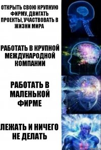 Открыть свою крупную фирму, двигать проекты, участвовать в жизни мира Работать в крупной международной компании работать в маленькой фирме лежать и ничего не делать