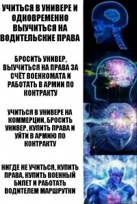 Учиться в универе и одновременно выучиться на водительские права Бросить универ, выучиться на права за счёт военкомата и работать в армии по контракту Учиться в универе на коммерции, бросить универ, купить права и уйти в армию по контракту Нигде не учиться, купить права, купить военный билет и работать водителем маршрутки