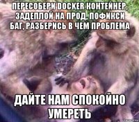 пересобери docker контейнер, задеплой на прод, пофикси баг, разберись в чем проблема дайте нам спокойно умереть