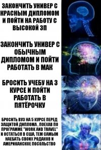 закончить универ с красным дипломом и пойти на работу с высокой зп Закончить универ с обычным дипломом и пойти работать в мак Бросить учебу на 3 курсе и пойти работать в пятёрочку Бросить вуз на 5 курсе перед защитой диплома , поехав по программе "work and travel" и остаться в США, тем самым наебать своих родаков и американское посольство