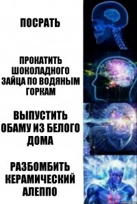 Посрать Прокатить шоколадного зайца по водяным горкам Выпустить Обаму из белого дома Разбомбить керамический Алеппо