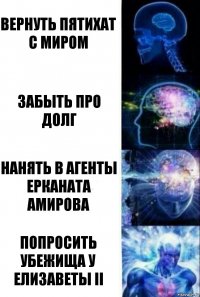 Вернуть пятихат с миром Забыть про долг Нанять в агенты Ерканата Амирова Попросить убежища у Елизаветы II