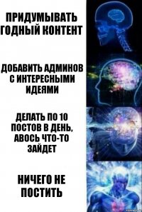 придумывать годный контент добавить админов с интересными идеями делать по 10 постов в день, авось что-то зайдет ничего не постить