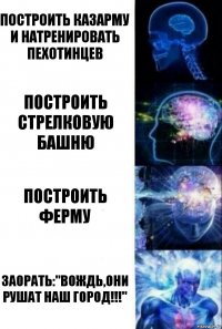 Построить казарму и натренировать пехотинцев Построить стрелковую башню Построить ферму Заорать:"Вождь,они рушат наш город!!!"