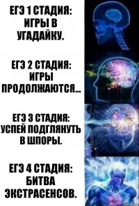 ЕГЭ 1 стадия:
Игры в угадайку. ЕГЭ 2 стадия:
Игры продолжаются... ЕГЭ 3 стадия:
Успей подглянуть в шпоры. ЕГЭ 4 стадия:
Битва экстрасенсов.