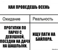 Как проведешь осень Прогулки по парку с девушкой, поездки на дачу на шашлыки. ищу пати на байлора.