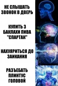 Не слышать звонок в дверь Купить 3 баклахи пива "Спартак" Нахуяриться до заикания Разъебать плинтус головой