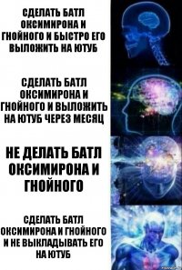 Сделать батл Оксимирона и Гнойного и быстро его выложить на ютуб Сделать батл Оксимирона и Гнойного и выложить на ютуб через месяц Не делать батл Оксимирона и Гнойного Сделать батл Оксимирона и Гнойного и не выкладывать его на ютуб