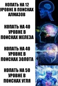 Копать на 12 уровне в поисках алмазов Копать на 40 уровне в поисках железа Копать на 40 уровне в поисках золота Копать на 50 уровне в поисках угля