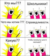 Кто мы??? Школьники! Чего мы хотим ??? Справедливости. Какую?? Чтобы каникулы шли 6 месяцев!!