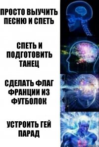 Просто выучить песню и спеть Спеть и подготовить танец сделать флаг франции из футболок Устроить гей парад