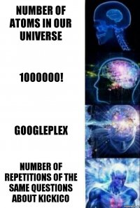 Number of atoms in our universe 1000000! Googleplex Number of repetitions of the same questions about KickICO