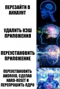 Перезайти в аккаунт Удалить кэш приложения Переустановить приложение Переустановить android, сделав hard-reset и перепрошить ядро