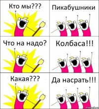 Кто мы??? Пикабушники Что на надо? Колбаса!!! Какая??? Да насрать!!!