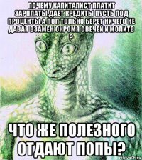 почему капиталист платит зарплаты,дает кредиты пусть под проценты а поп только берет ничего не давая взамен окромя свечей и молитв ? что же полезного отдают попы?