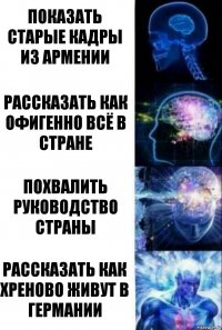 показать старые кадры из Армении рассказать как офигенно всё в стране похвалить руководство страны рассказать как хреново живут в Германии