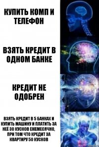 Купить комп и телефон Взять кредит в одном банке Кредит не одобрен Взять кредит в 5 банках и купить машину и платить за неё 30 кусков ежемесячно, при том что кредит за квартиру 50 кусков