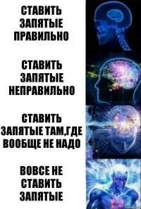 Ставить запятые правильно Ставить запятые неправильно Ставить запятые там,где вообще не надо Вовсе не ставить запятые