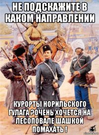 не подскажите в каком направлении курорты норильского гулага ?очень хочется на лесоповале шашкой помахать !