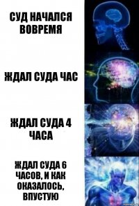 Суд начался вовремя Ждал суда час Ждал суда 4 часа Ждал суда 6 часов, и как оказалось, впустую