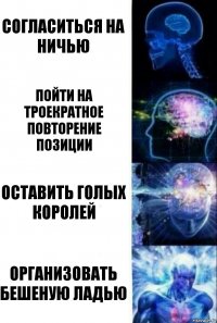 Согласиться на ничью Пойти на троекратное повторение позиции Оставить голых королей Организовать бешеную ладью