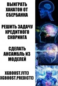 выиграть хакатон от сбербанка решить задачу кредитного скоринга сделать ансамбль из моделей xgboost.fit()
xgboost.predict()