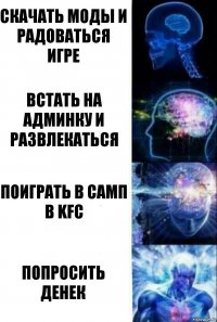 Скачать моды и радоваться игре Встать на админку и развлекаться Поиграть в самп в KFC Попросить денек