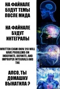 на файнале будут темы после мида на файнале будут интегралы Written exam (Nov 29) will have problems on indefinite, definite, and improper integrals and the Алсо, ты домашку выкатила ?