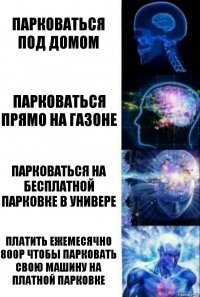 Парковаться под домом Парковаться прямо на газоне Парковаться на бесплатной парковке в универе Платить ежемесячно 800р чтобы парковать свою машину на платной парковке