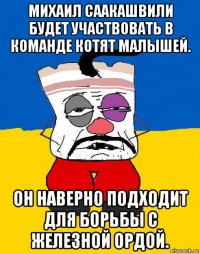 михаил саакашвили будет участвовать в команде котят малышей. он наверно подходит для борьбы с железной ордой.