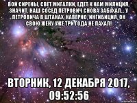 вой сирены, свет мигалки, едет к нам милиция, значит, наш сосед петрович снова забухал... у петровича в штанах, наверно, ингибиция, он свою жену уже три года не пахал! вторник, 12 декабря 2017, 09:52:56