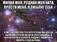 милая моя, родная моя ната, прости меня, я люблю тебя. я уже говорил тебе что хочу что бы мы всегда были вместе и ни когда не расставались, я хочу встретить старость рядом с тобой, хочу умереть у тебя на руках.