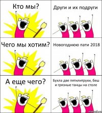 Кто мы? Други и их подруги Чего мы хотим? Новогоднюю пати 2018 А еще чего? Бухла две пятилитрухи, беш и грязные танцы на столе