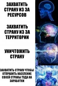 Захватить страну из за ресурсов Захватить страну из за территории Уничтожить страну Захватить страну чтобы отправить население своей страны туда на заработки