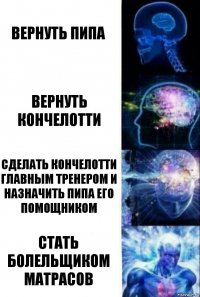 Вернуть пипа Вернуть кончелотти Сделать кончелотти главным тренером и назначить пипа его помощником Стать болельщиком матрасов