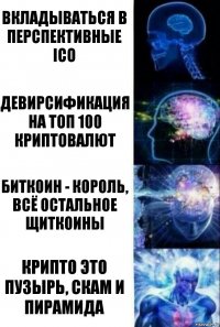 Вкладываться в перспективные ICO Девирсификация на топ 100 криптовалют Биткоин - король, всё остальное щиткоины Крипто это пузырь, скам и пирамида