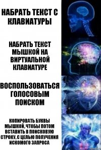 набрать текст с клавиатуры набрать текст мышкой на виртуальной клавиатуре воспользоваться голосовым поиском копировать буквы мышкой, чтобы потом вставить в поисковую строку, с целью получения искомого запроса