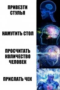 Привезти стулья Намутить стол просчитать количество человек прислать чек