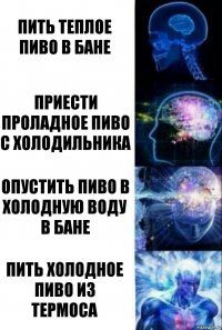 Пить теплое пиво в бане приести проладное пиво с холодильника опустить пиво в холодную воду в бане пить холодное пиво из термоса