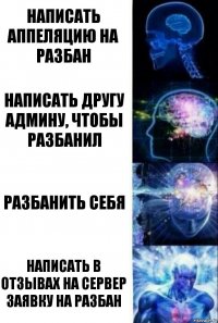 Написать аппеляцию на разбан Написать другу админу, чтобы разбанил Разбанить себя Написать в отзывах на сервер заявку на разбан