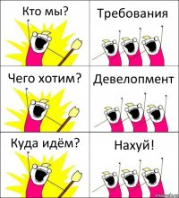 Кто мы? Требования Чего хотим? Девелопмент Куда идём? Нахуй!