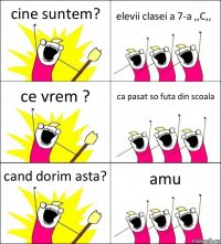 cine suntem? elevii clasei a 7-a ,,C,, ce vrem ? ca pasat so futa din scoala cand dorim asta? amu