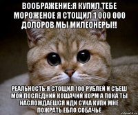 воображение:я купил тебе мороженое я стощил 1 000 000 долоров мы милеонеры!! реальность:я стощил 100 рублей и съеш мой последний кошачий корм а пока ты наслождаешся иди сука купи мне пожрать ебло собачье