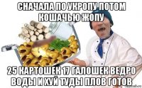 сначала по укропу потом кошачью жопу 25 картошек 17 галошек ведро воды и хуй туды плов готов