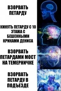 Взорвать петарду Кинуть петарду с 10 этажа с бешенными криками Дениса Взорвать петардами мост на Темерничке Взорвать петарду в подъезде