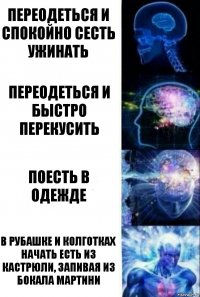 Переодеться и спокойно сесть ужинать Переодеться и быстро перекусить Поесть в одежде В рубашке и колготках начать есть из кастрюли, запивая из бокала мартини