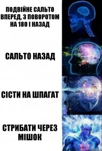 Подвійне сальто вперед, з поворотом на 180 і назад сальто назад сісти на шпагат стрибати через мішок