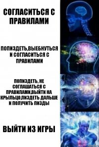 Согласиться с правилами Попиздеть,выебнуться и согласиться с правилами Попиздеть, не соглашаться с правилами,выйти на крыльцо,пиздеть дальше и получить пизды Выйти из игры