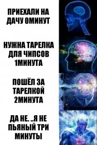 Приехали на дачу 0минут Нужна тарелка для чипсов 1минута Пошёл за тарелкой 2минута ДА НЕ. ..Я не ПьЯный три минуты