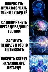 Попросить друга взорвать говно петардой Самому кинуть петарду рядом с говном Засунуть петарду в говно и отбежать Насрать сверху на зажженую петарду